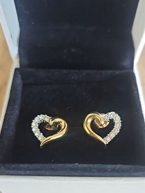 Gold and Silver Heart Stud Earrings with Clear Crystals